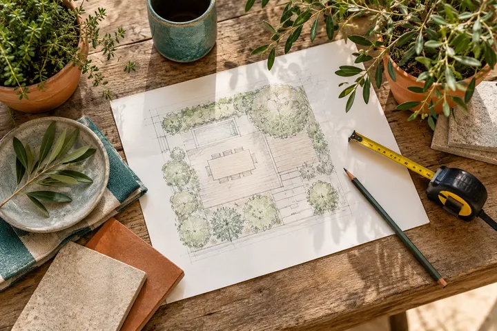 Carnet de croquis et outils de mesure pour préparer un jardin